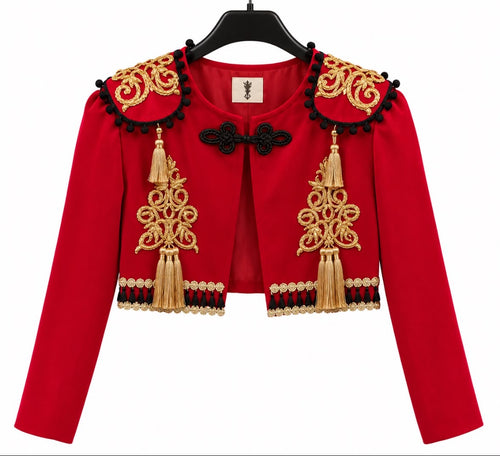 Torera TRIANA rouge avec ornements et glands dorés – tenue de flamenco